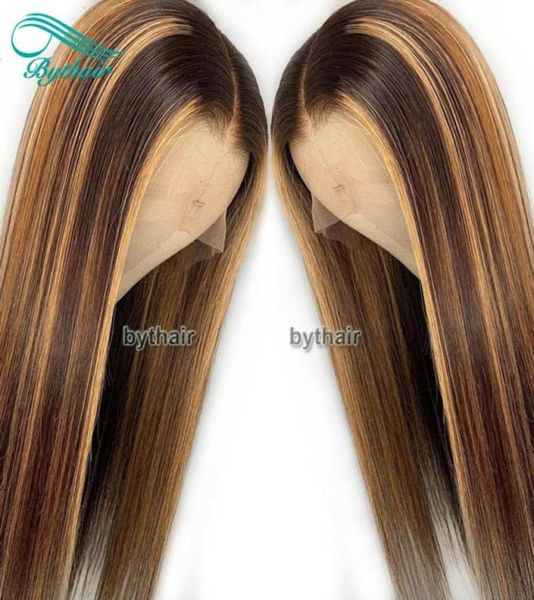 

bythair highlight color lace front wigs for black women silky straight pre plucked natural hairline human hair full lace wig with 1369299, Black;brown