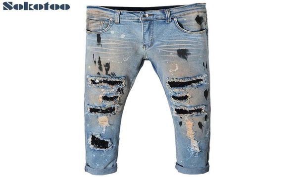 

men039s jeans sokotoo vintage holes rivet patch ripped casual trendy painted distressed denim beggar pantsmen039s4331257, Blue