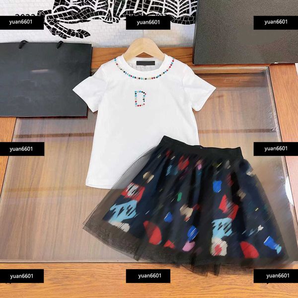 

luxury tracksuits kids clothes child pleated skirt sets baby 2pcs colorful diamond studded round neck t-shirt and lace animal print, White