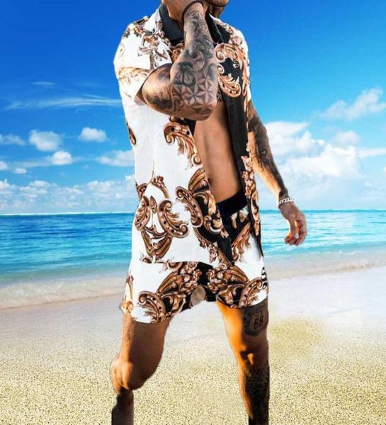 

fashion men039s summer tracksuits hawaii short sleeve button down printed shirt shorts sets clothes1369916, Gray