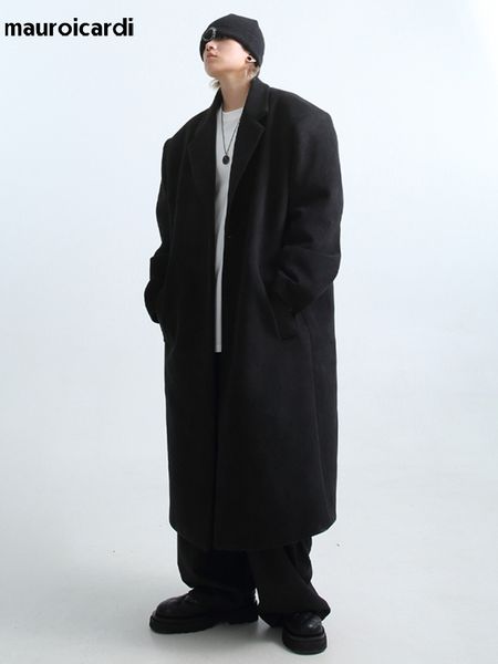 

mens wool blends mauroicardi autumn winter long oversized warm soft black trench coat men with shoulder pads loose casual korean fashion ove
