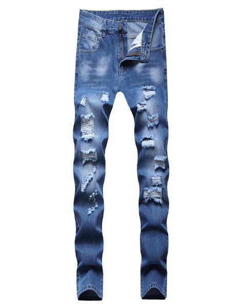 

dark blue men039s ripped skinny biker jeans destroyed hole slim fit denim pants hip hop trousers casual pantalones size 28428205418