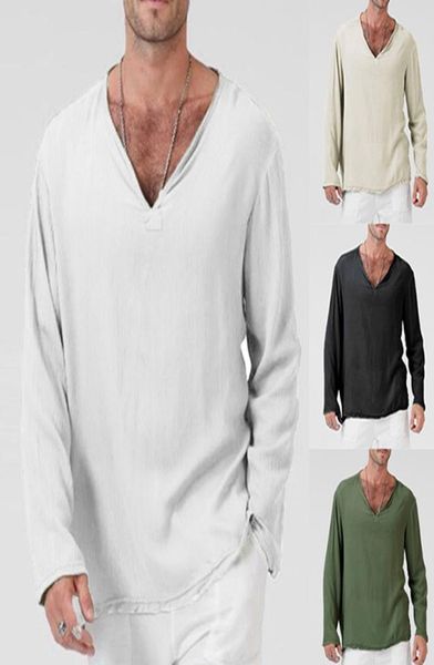 

v neck mens t shirts full sleeves linen cotton long sleeve tshirt men gothic hippie clothing loose male t shirt autumn2567066, White;black