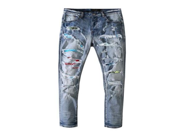 

mens jeans color stickers holes frosting casual fit slim trend3447206, Blue