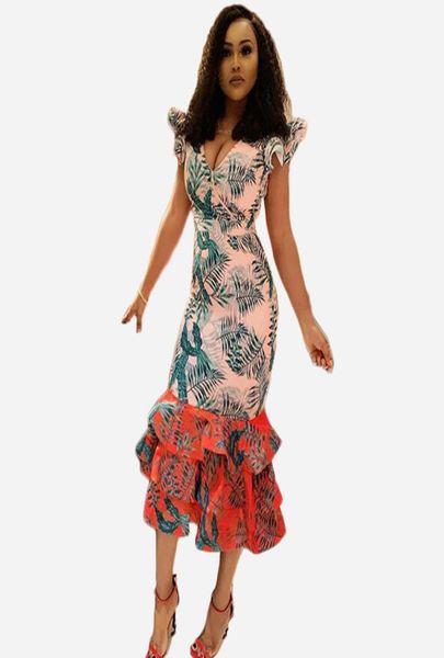 

2019 summer new style fashionable african style digital printing vneck flounce skirt dress6970382, Red