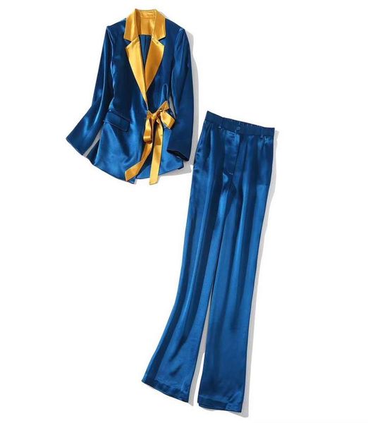 

european and american women039s wear 2020 winter new style long sleeve contrast color laceup coat trousers fashionable blue su3332722, White