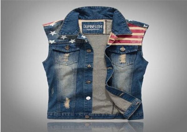 

men jean vests classic vintage leeveless casual fashion flag denim blue jeans coats clothing for male autumn summer slim wais2776024, Black;white