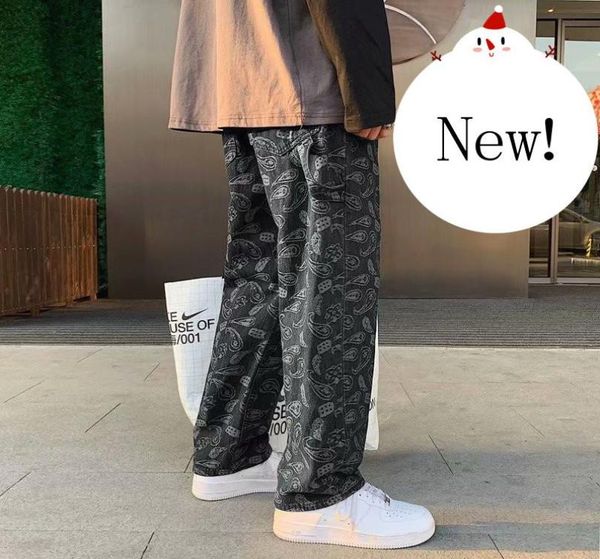 

men039s jeans cashew flower black straight tube loose spring and autumn summer korean fashion baggy pants denim trousers1680478, Blue