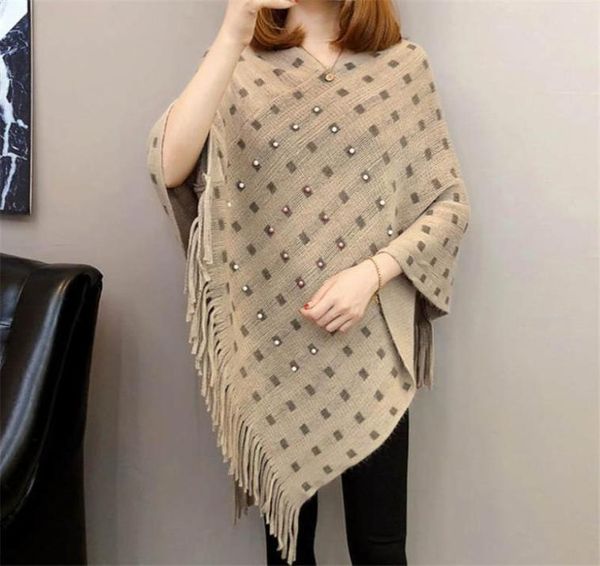 

autumn and winter knitted tassels in the long section of the shawl new loose cape coat female bat shirt6297854, Black