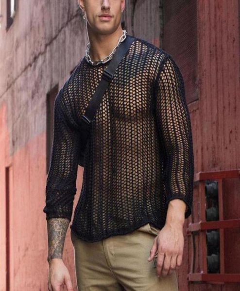 

men039s tshirts black fishnet see through t shirt men 2022 brand long sleeve transparent shirts party nightclub show tee 2635452, White;black