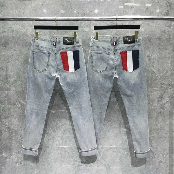 

men's jeans tb thom new men's jeans vintage blue solid color elastic classic jeans back classic rwb pockets design men slim denim
