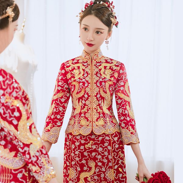

guangdong embroidery bride dragon phoenix gown summer xiuhe suit jacket + skirt bridal wedding toast robe for overseas chinese, Red