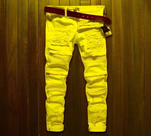 

men039s jeans skinny men white ripped knee zipper fashion casual slim fit biker hip hop destroy stretch denim pants motorcyclem2168732, Blue