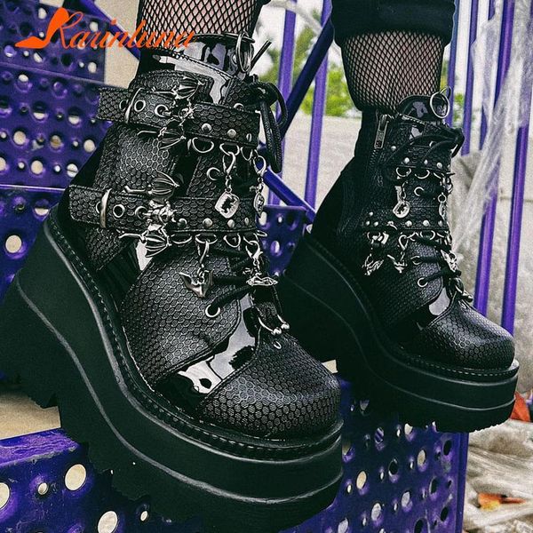 

boots platform wedges women ankle boots autumn winter gothic street comfy fashion cool woman shoes motorcycle boots big size 43 230821, Black