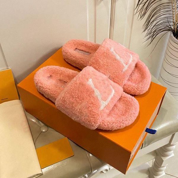 

luxury brand women designer slippers fluffy slides woman loafers shoes warm letters fuzzy flat comfort mule wool pink green cloud white blac, Black