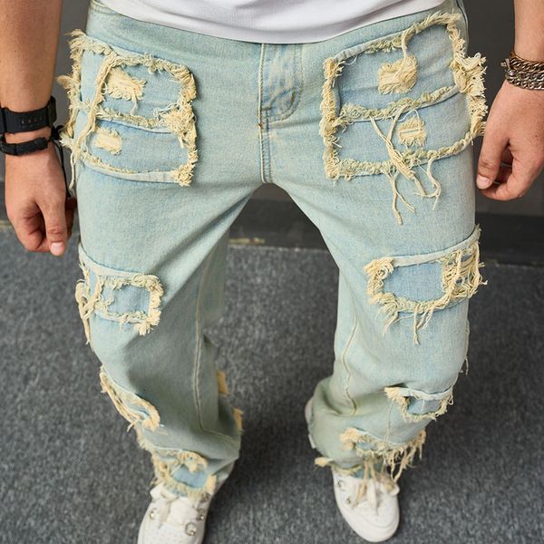 

men's jeans fall streetwear mens denim pants fashion ripped deisgn patchwork straight jeans men y2k style vintage pure color jean pant, Blue