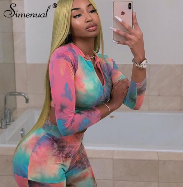 

simenual tye die fitness active wear women matching sets sporty workout two piece tracksuits long sleeve and leggings set y2001913740, White