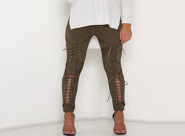 

fashion suede leather pencil pants lace up cut out trousers for women bandage slim pants solid color women039s trousers16975315, Black;white