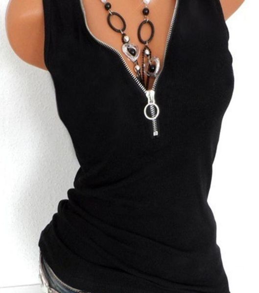 

tank cami fashion vneck zipper womens summer vest sleeveless shirt casual loose plus size roupas1037363, White