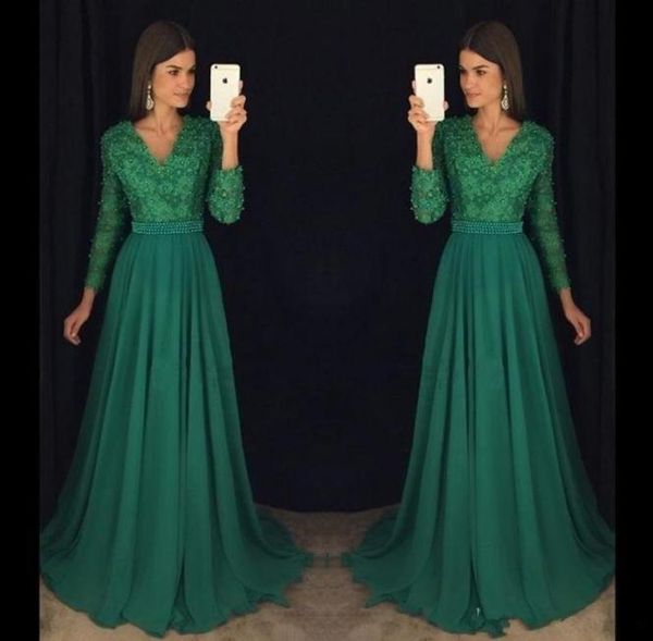 

emerald green lace chiffon long sleeve prom pageant dresses modest vneck beaded plus size women formal occasion evening dress5670428, Black