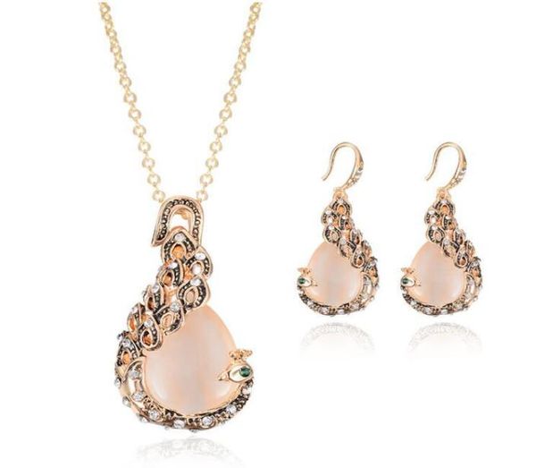 

vintage rhinestone bridal jewelry new fashion rose gold opal crystal peacock necklace earrings wedding jewellery set for women7191682, White