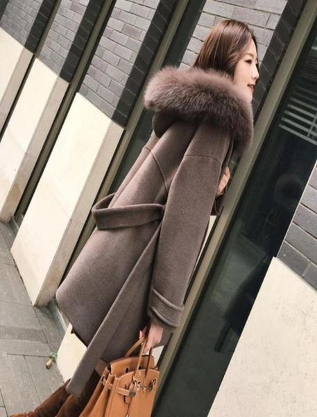 

2020 autumn and winter new south korean wool coat with belt big fur collar hooded female woolen out wear jackets open stitch5907502662288, Black