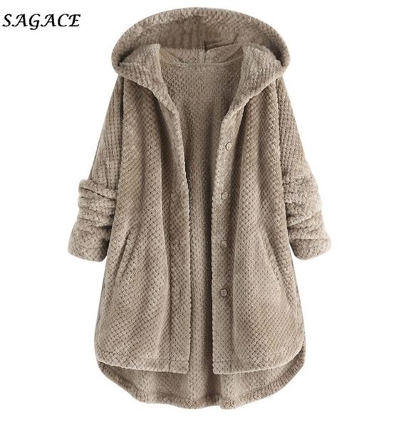

sagace clothes coats women winter warm coat hooded plus size fleece irregular long sleeve button pocket solid jacket hooded coat c1755161, Black;brown