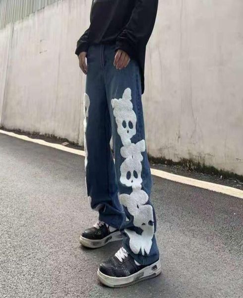 

style skull print men jeans pants oversize spliced ripped baggy casual denim trousers2842460, Blue