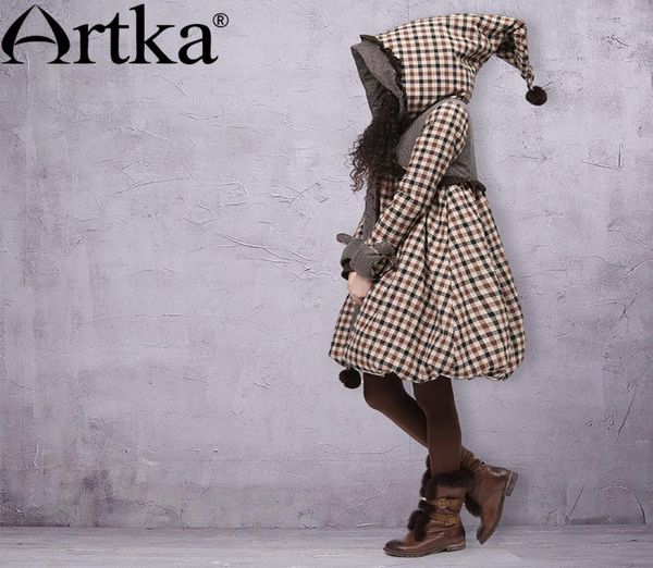 

artka women039s winter pointed hood rabbit fur plaid embroidery bow warm wadded outerwear long aline casual padded coat a098602727154, Black