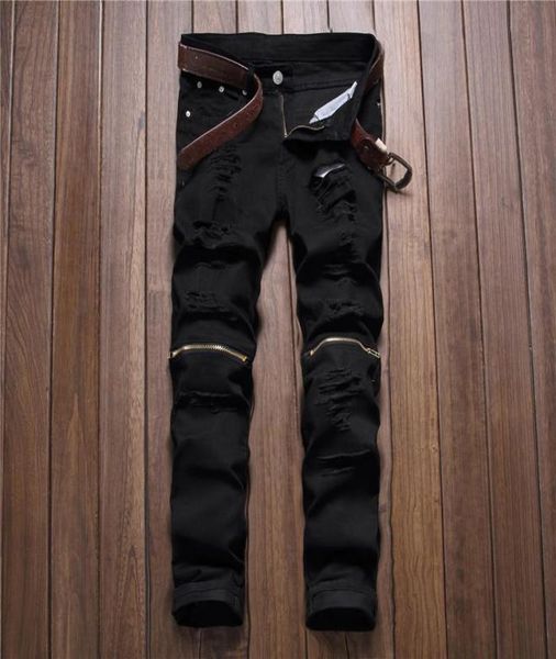 

whole new men039s fashion slim jeans zipper jeans tide brand ripped white zipper male jeans white cozy male pa7147368, Blue