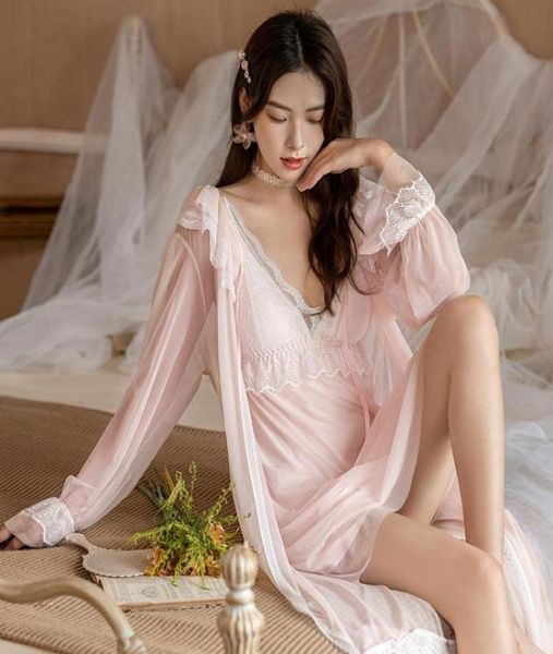 

women039s sleepwear romantic nightgowns lace robe sets women autumn mesh long bride victorian vintage night dress nighty e2203521, Black;red