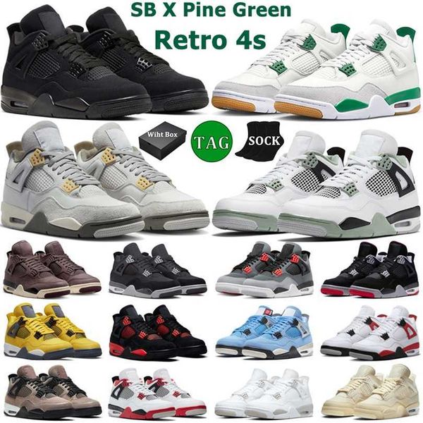 

box with 4 retro basketball shoes men women 4s sb pine green military black cat seafoam midnight navy dust red thunder lightning mens traine