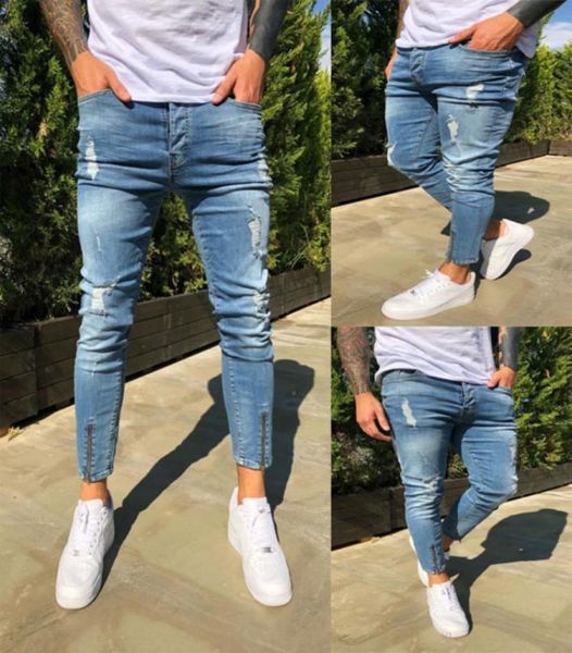 

stretchy cropped pants men brand new destroyed ripped biker jeans casual slim fit skinny pencil pants designer denim trousers 20116379814, Blue
