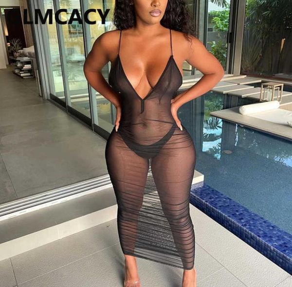 

spaghetti strap v neck mesh see through bodycon dress 2107027662062, Black;gray