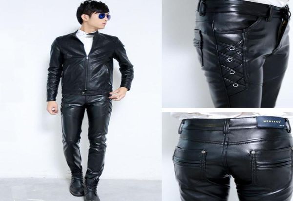 

new mens elastic faux leather pants pu motorcycle ridding black slim fit trousers for male6898284