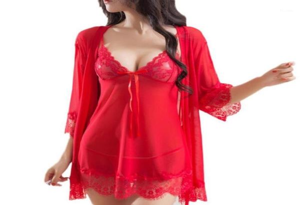 

women pajamas set lace see through nightgown bow babydoll dress gstring pijamas femmes seamless underwear nightwear14640183, Black;red