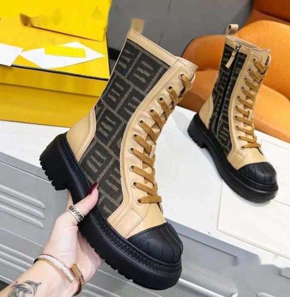 

ff fend leather boots genuine canvas splicing sea shell round head martin boot platform flat heel autumn and winter shoes size 35-41, Black