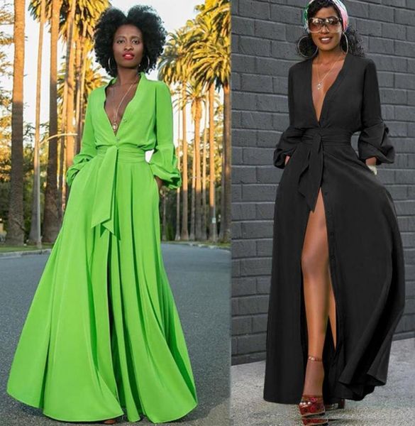 

runway maxi dress women long party dresses evening wear f0222 big split hem deep v neck long sleeve7611843, Black