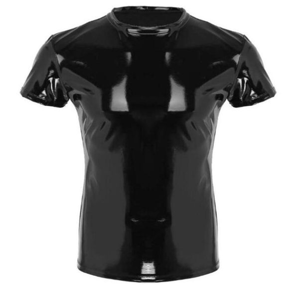 

mens wetlook punk fashion clothing pvc faux leather male tshirt night parties clubwear costume muscle tight tshirt266p4494241, Black