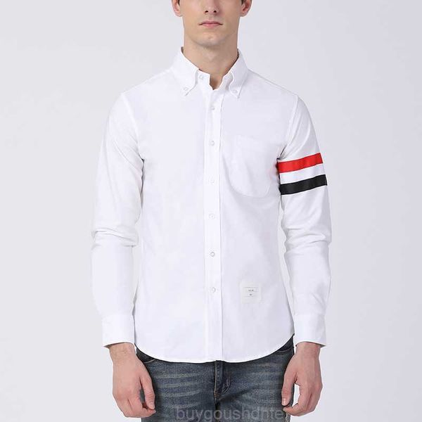 

2023 tb thom fashion brand shirts men slim striped casual shirt spring autumn turn down collar oxford solid men's clothing, White;black