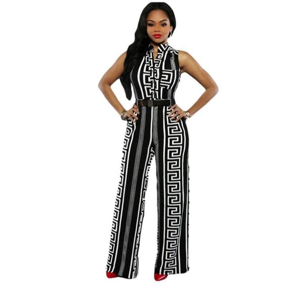 

whole echoine 2017 women wide leg jumpsuit plus size overalls long trousers outfits women black print gold belted ladies play9741224, Black;white