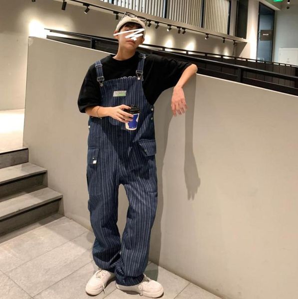 

men039s jeans korean fashion 2021 men stripe denim overalls casual pants loose bib boy hip hop jumpsuit5504441, Blue