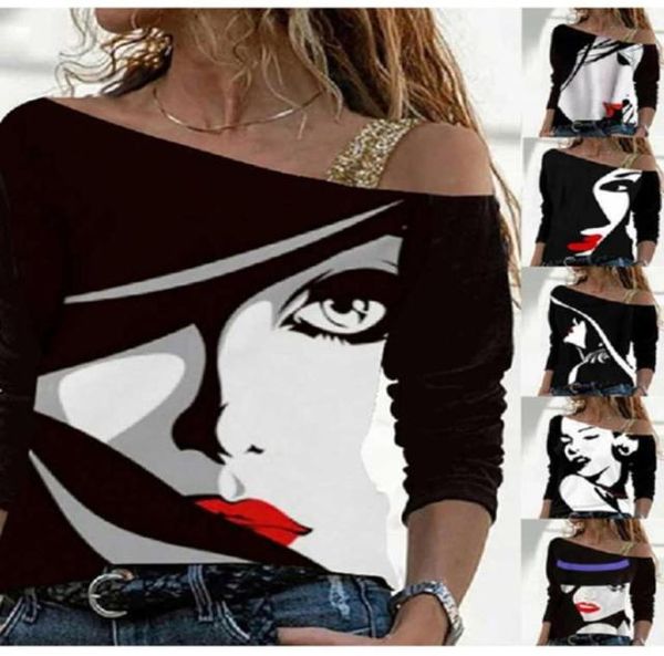 

2021 autumnwinter new shirts european and american women039s fashion face printing trend splicing shoulder longsleeve tshirt9920508830565, White