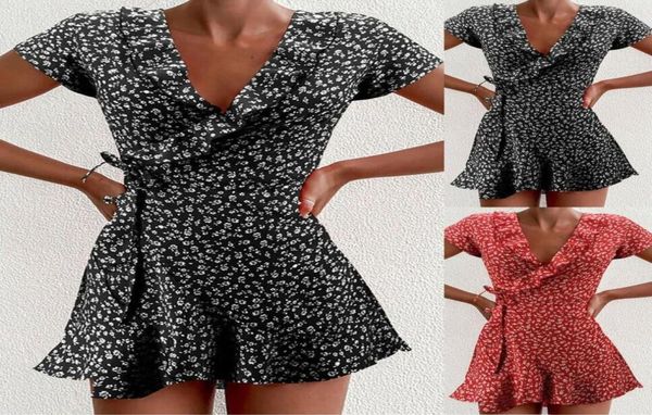 

casual dresses women summer 2021 v neck floral print boho beach dress ruffle short sleeve a line mini sundress robe2023360, Black;gray