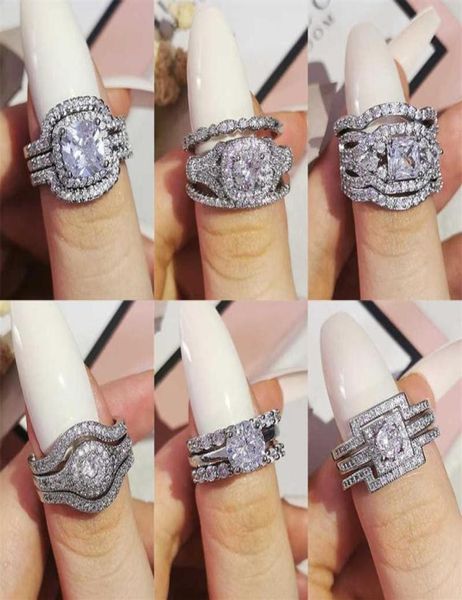 

2021 new design luxury 3 pcs 3 in 1 925 sterling silver ring cushion engagement wedding ring set for women bridal jewelry r4308 p03347042