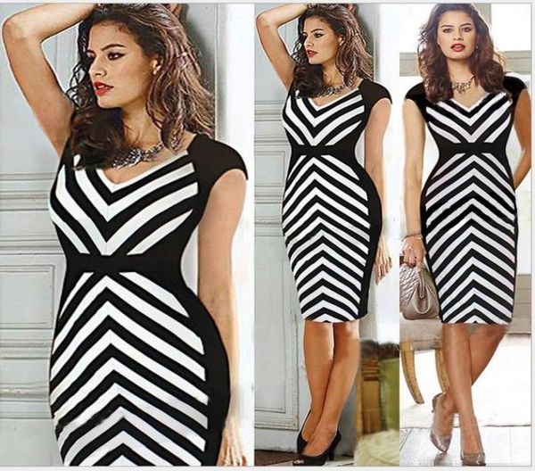 

plus size zebra striped sheath v-neck women party dress work dress ice lady black white pencil dress summer style up to 2xl6460872, White;black