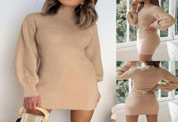 

casual dresses women long sleeve sweater winter dress women039s autumn oneck lantern a line short mini knitted6445024, Black;gray