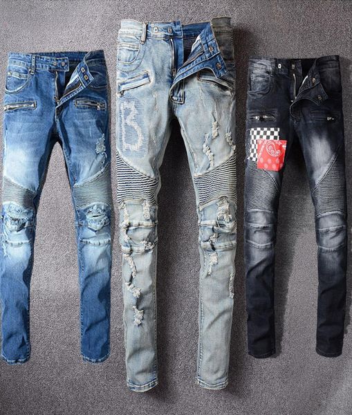 

mens designer jeans slim thick pants distressed ripped fit motorcycle biker denim for men s fashion mans black pants 20ss pour hom2085933, Blue