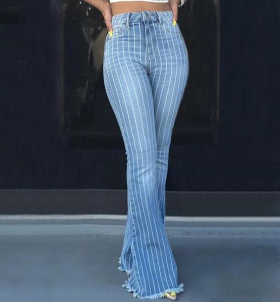 

fashion casual ladies skinny stretch denim pants womens high waist jeans striped jeans wide leg bellbottomed trousers2835242, Blue