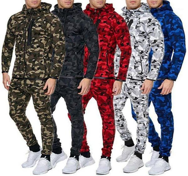 

men039s tracksuits men camouflage tracksuit set long sleeve zip hoodie pants jogging sportswear black blue green red white3121347, Gray